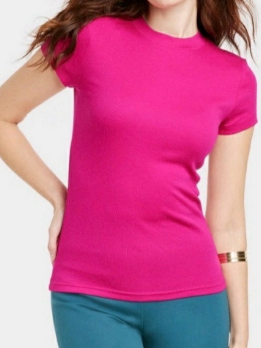 Target A New Day Women's Ribbed Short-Sleeve Crewneck Top - Fuchsia